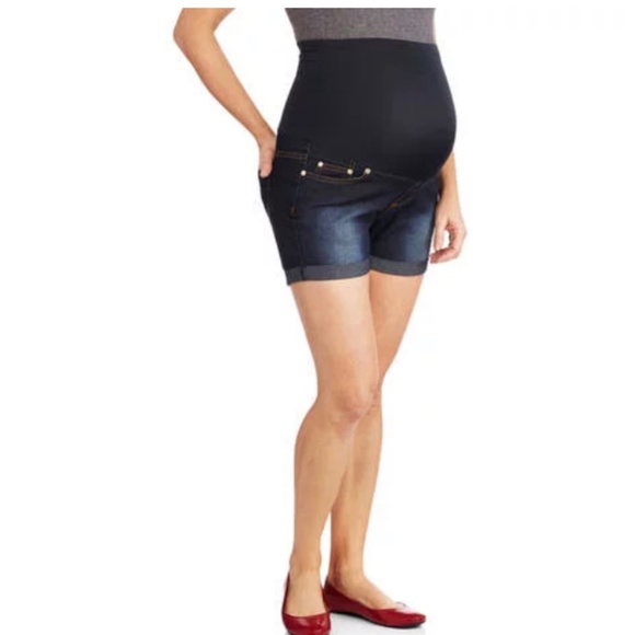 Maternity Double Rolled Cuff Denim Shorts with Full Panel (Wom - Picture 1 of 1
